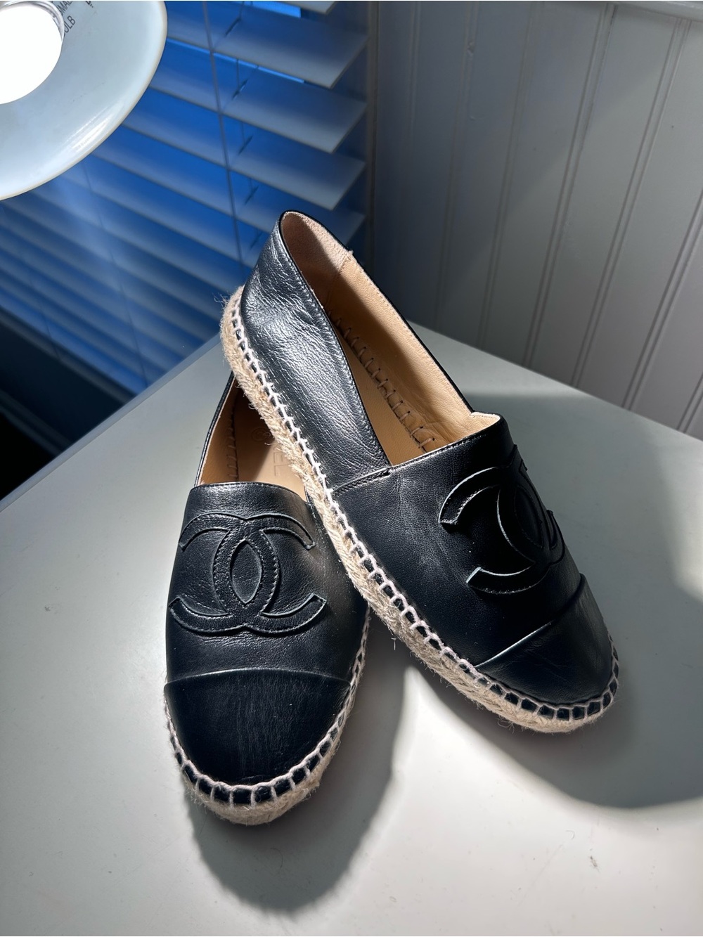 CHANEL Black Leather Logo Espadrille Slip-Ons - Picture 3 of 6